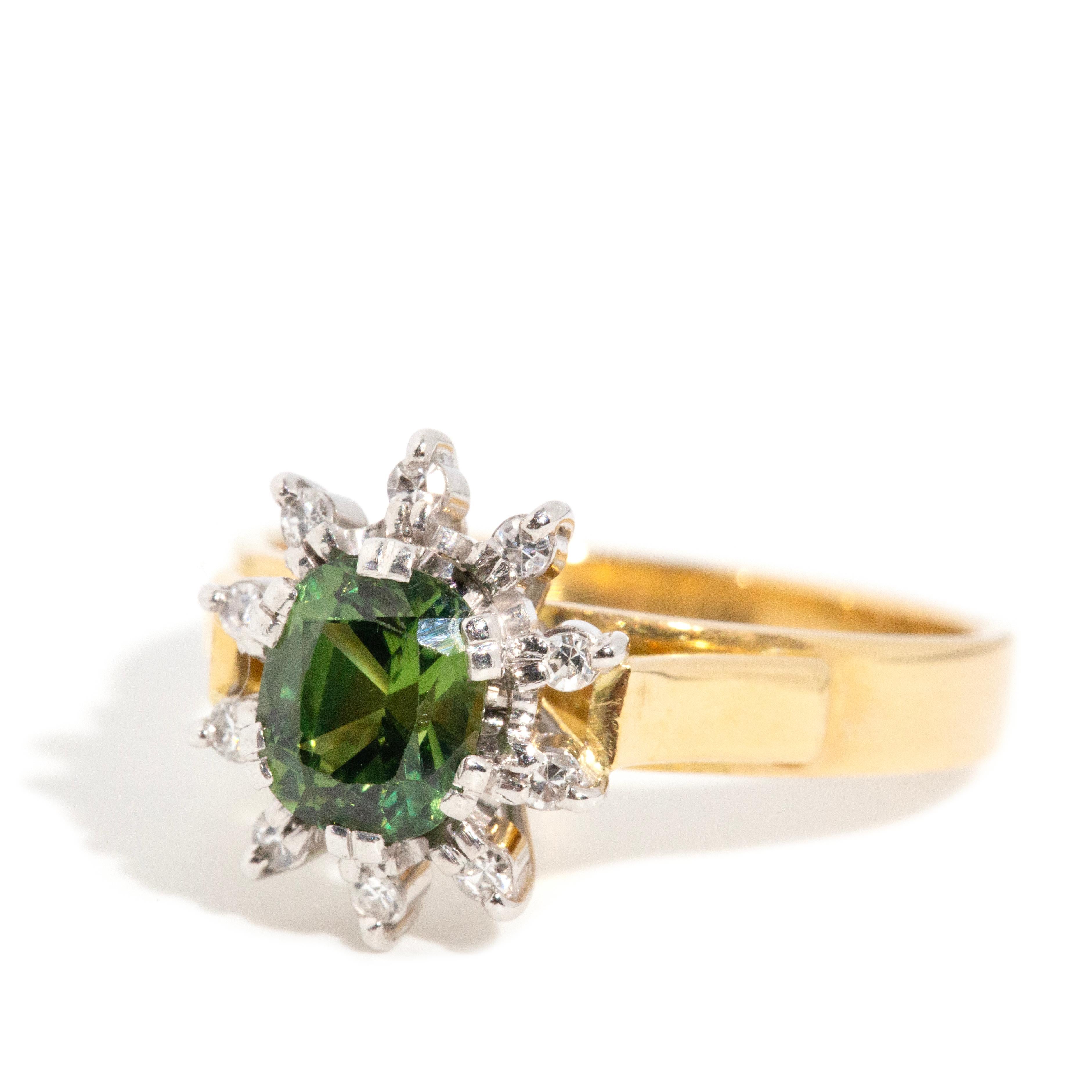 Oval Cut Vintage Circa 1970s 1.05 Carat Oval Green Sapphire & Diamond Ring 18 Carat Gold For Sale