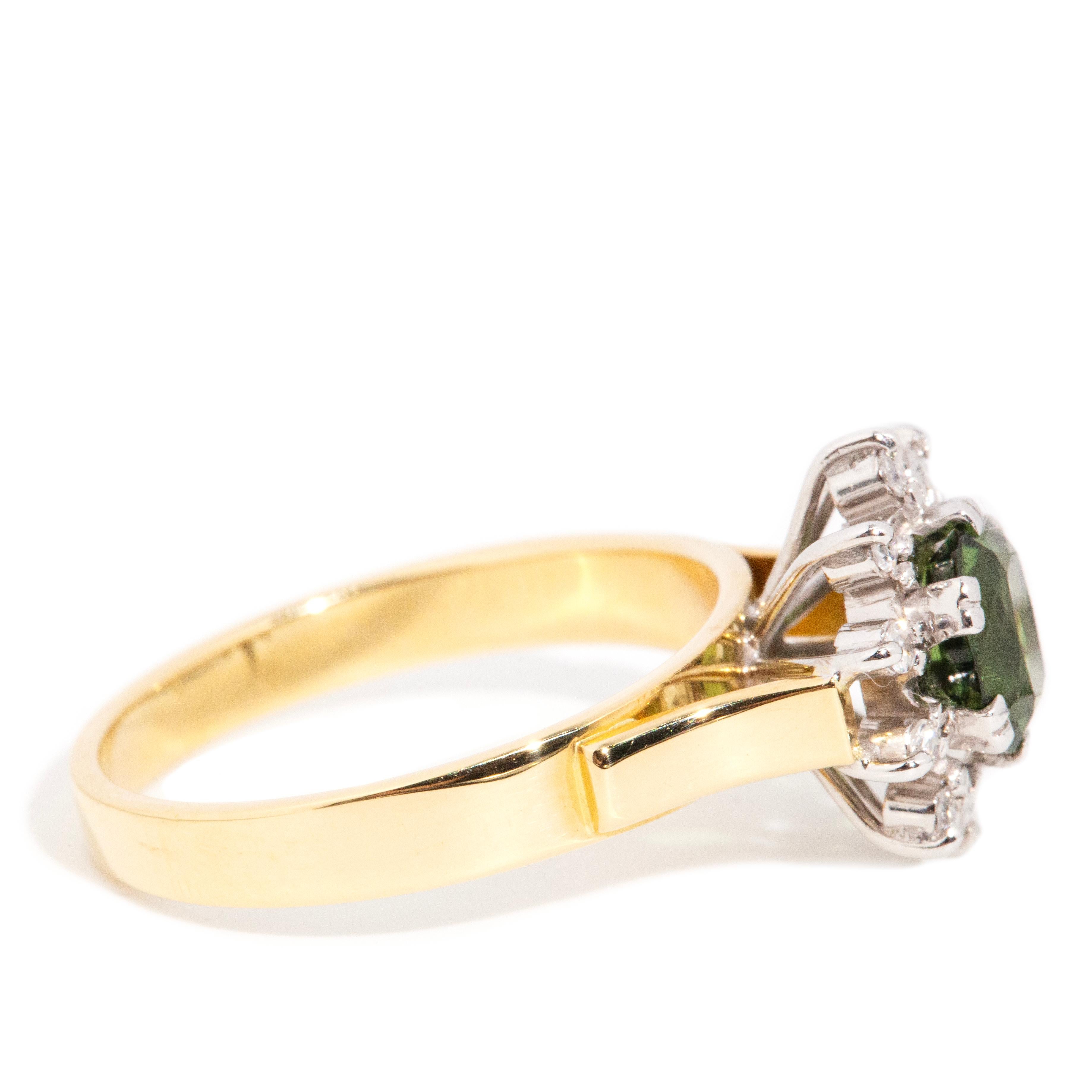Women's Vintage Circa 1970s 1.05 Carat Oval Green Sapphire & Diamond Ring 18 Carat Gold For Sale