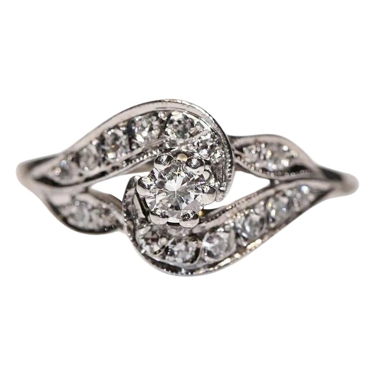 Anello decorato con diamanti naturali in oro bianco a 10 carati, vintage, circa anni
70