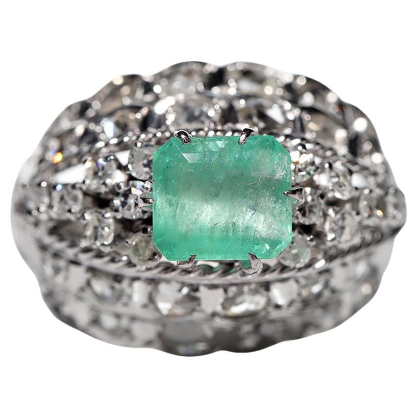 Vintage Circa 1970s 12k Gold Natural Diamond And Emerald Decorated Strong Ring