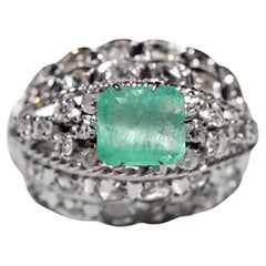 Vintage Circa 1970s 12k Gold Natural Diamond And Emerald Decorated Strong Ring