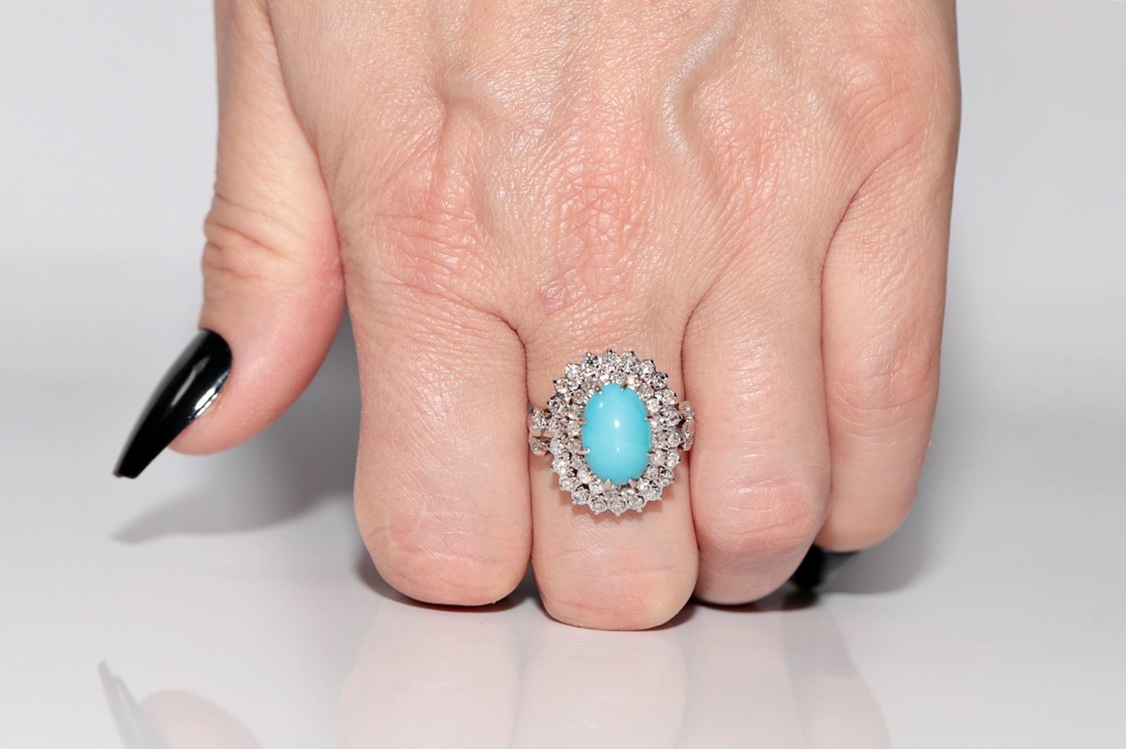 Vintage Circa 1970s 12k Gold Natural Diamond And Turquoise Decorated Ring 10