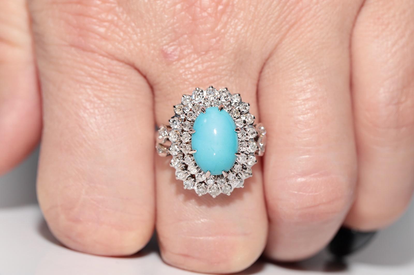 Vintage Circa 1970s 12k Gold Natural Diamond And Turquoise Decorated Ring 11