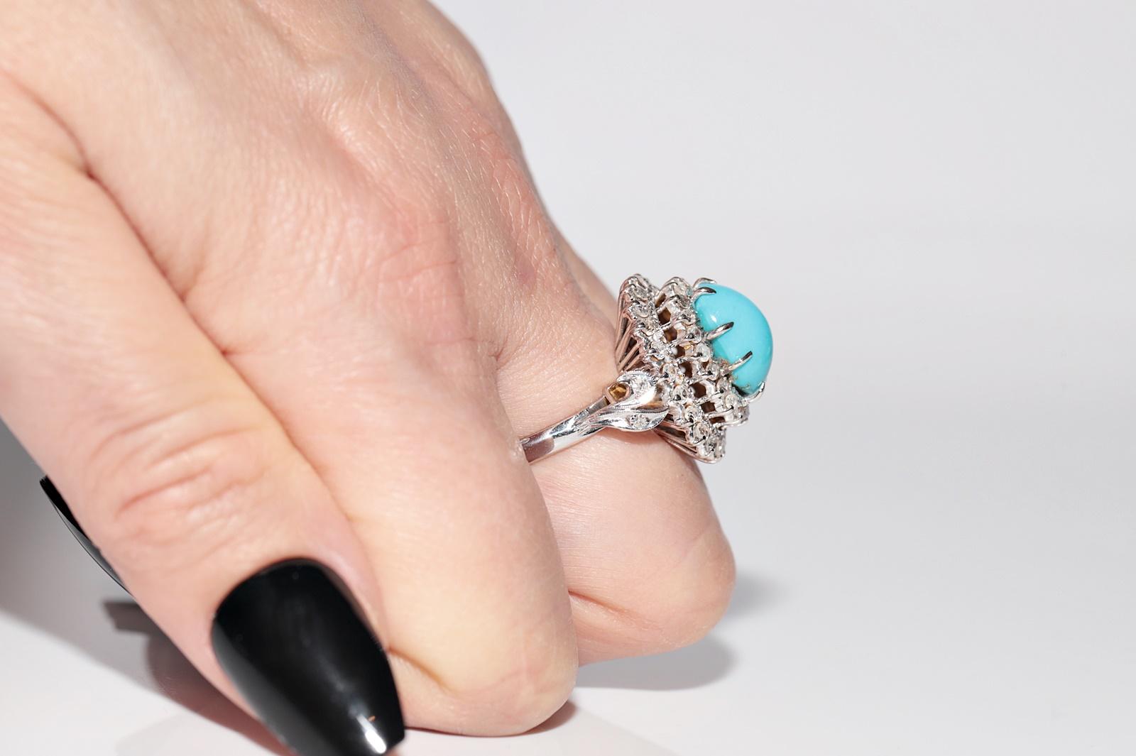 Vintage Circa 1970s 12k Gold Natural Diamond And Turquoise Decorated Ring 12