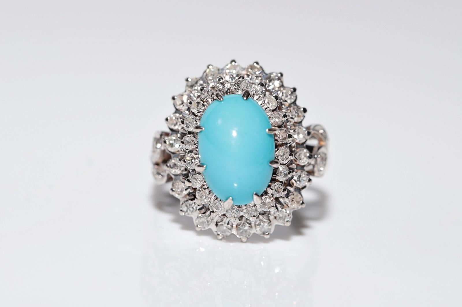 Single Cut Vintage Circa 1970s 12k Gold Natural Diamond And Turquoise Decorated Ring
