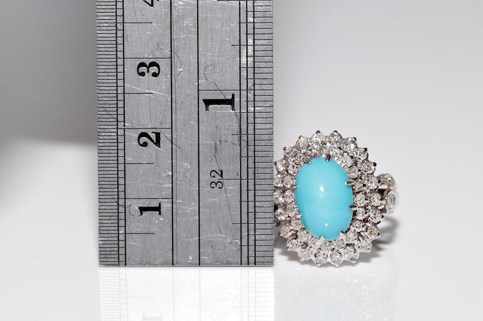 Vintage Circa 1970s 12k Gold Natural Diamond And Turquoise Decorated Ring In Good Condition In Fatih/İstanbul, 34