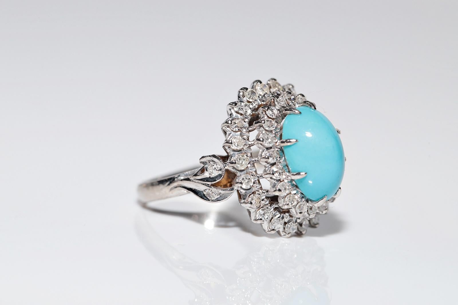 Women's Vintage Circa 1970s 12k Gold Natural Diamond And Turquoise Decorated Ring