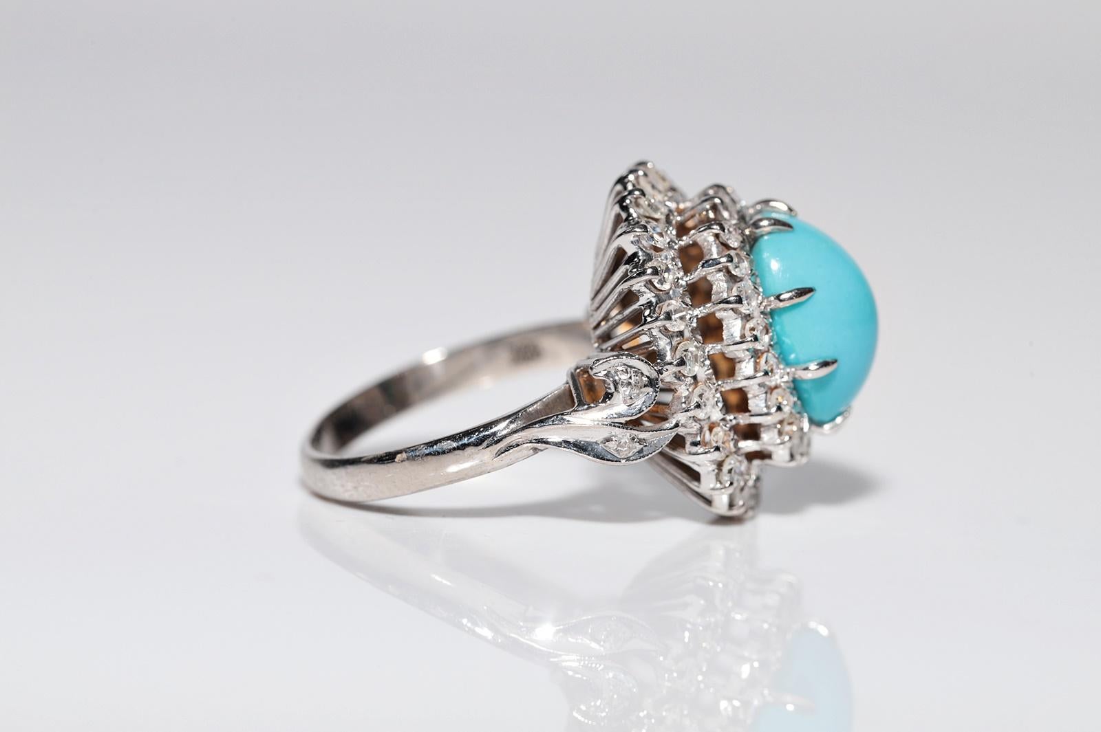 Vintage Circa 1970s 12k Gold Natural Diamond And Turquoise Decorated Ring 1