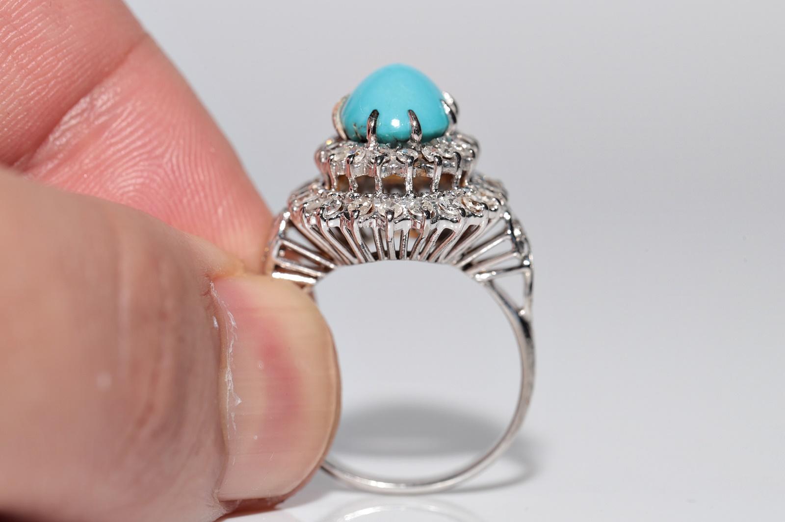 Vintage Circa 1970s 12k Gold Natural Diamond And Turquoise Decorated Ring 2