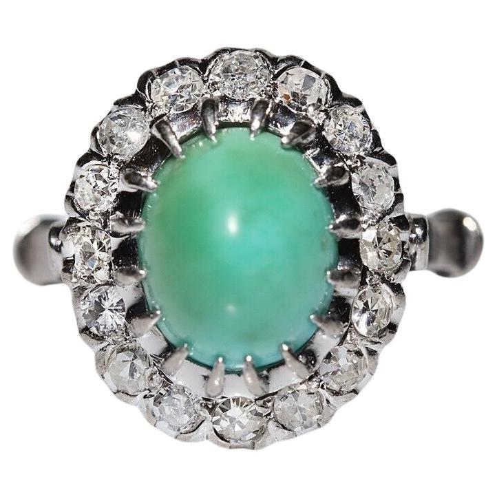 Vintage Circa 1970s 12k Gold Natural Diamond And Turquoise Decorated Ring