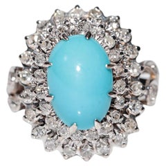 Vintage Circa 1970s 12k Gold Natural Diamond And Turquoise Decorated Ring