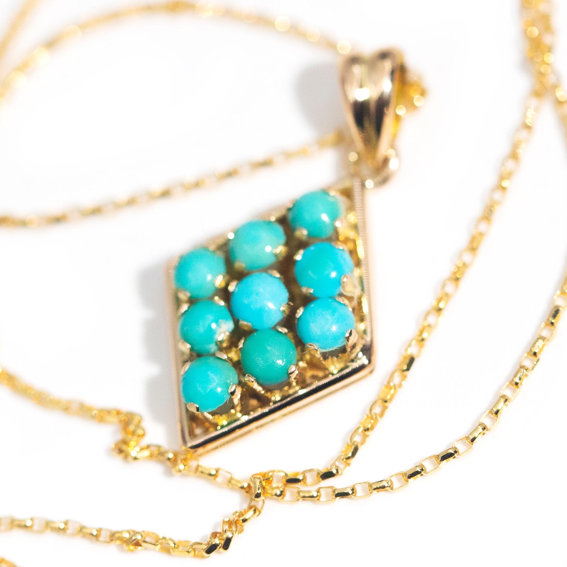 Modern Vintage Circa 1970s 14 Carat Yellow Gold Turquoise Bead Pendant and Chain For Sale