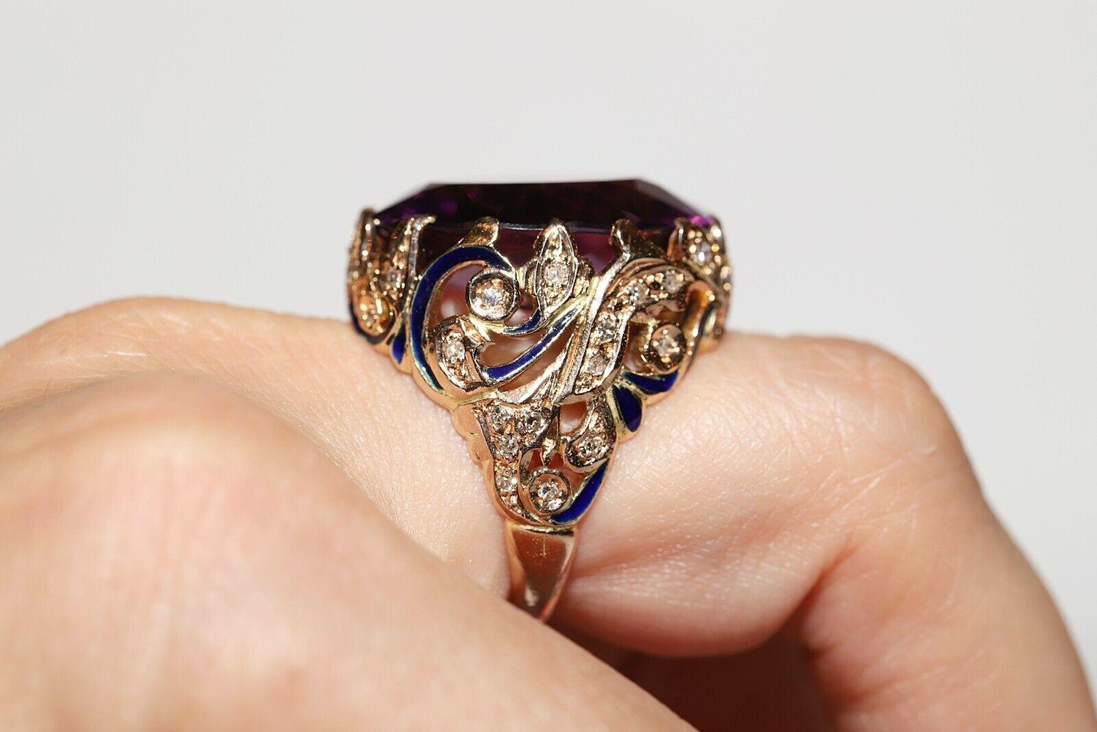 Vintage Circa 1970er Jahre 14k Gold Ring mit natürlichem Diamant und Amethyst-Emaille im Angebot 4