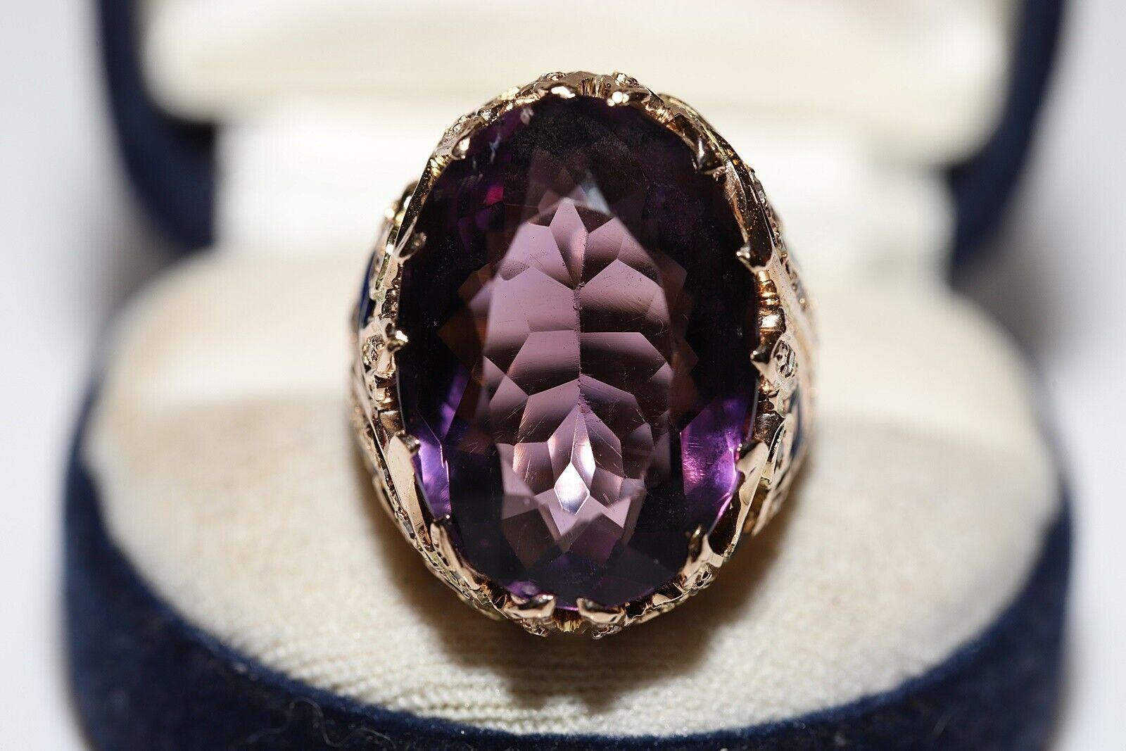 Vintage Circa 1970er Jahre 14k Gold Ring mit natürlichem Diamant und Amethyst-Emaille im Angebot 6