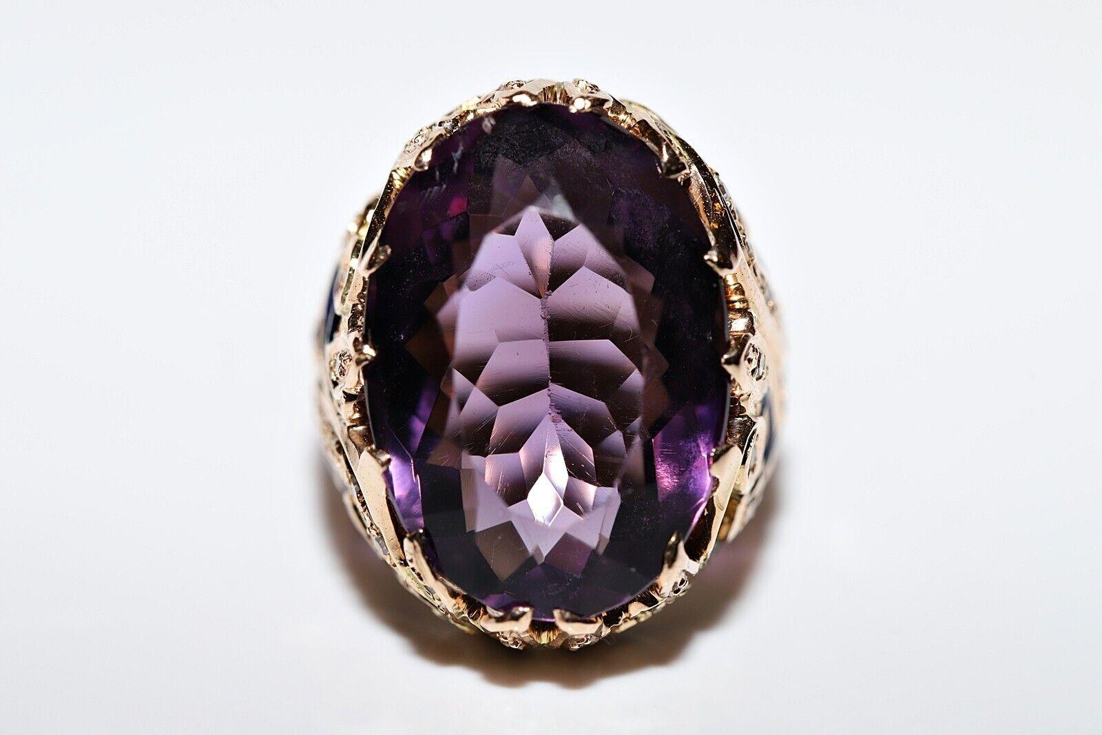 Vintage Circa 1970er Jahre 14k Gold Ring mit natürlichem Diamant und Amethyst-Emaille im Angebot 7