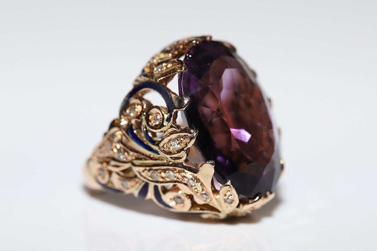 Vintage Circa 1970er Jahre 14k Gold Ring mit natürlichem Diamant und Amethyst-Emaille im Angebot 8