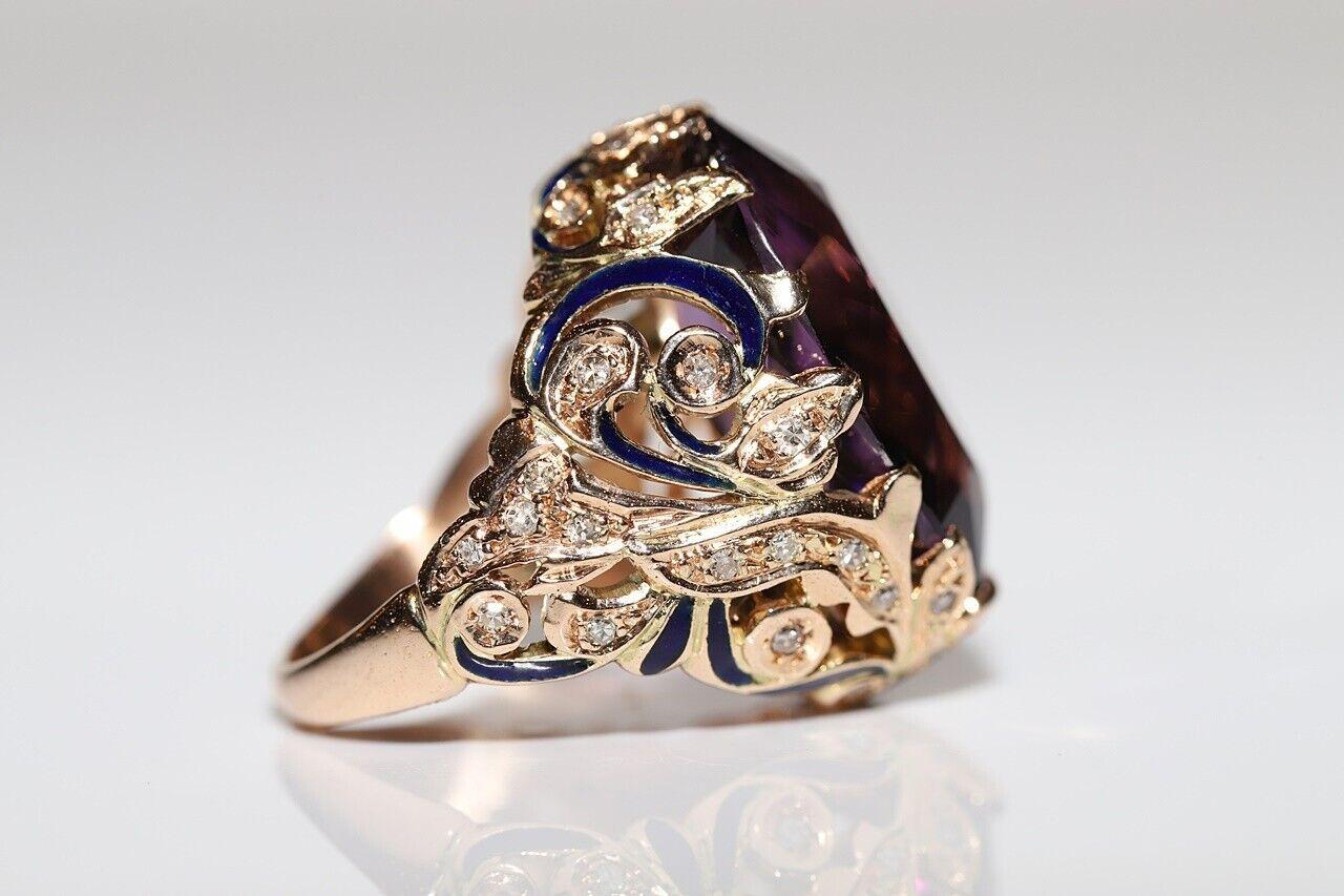 Vintage Circa 1970er Jahre 14k Gold Ring mit natürlichem Diamant und Amethyst-Emaille im Angebot 9