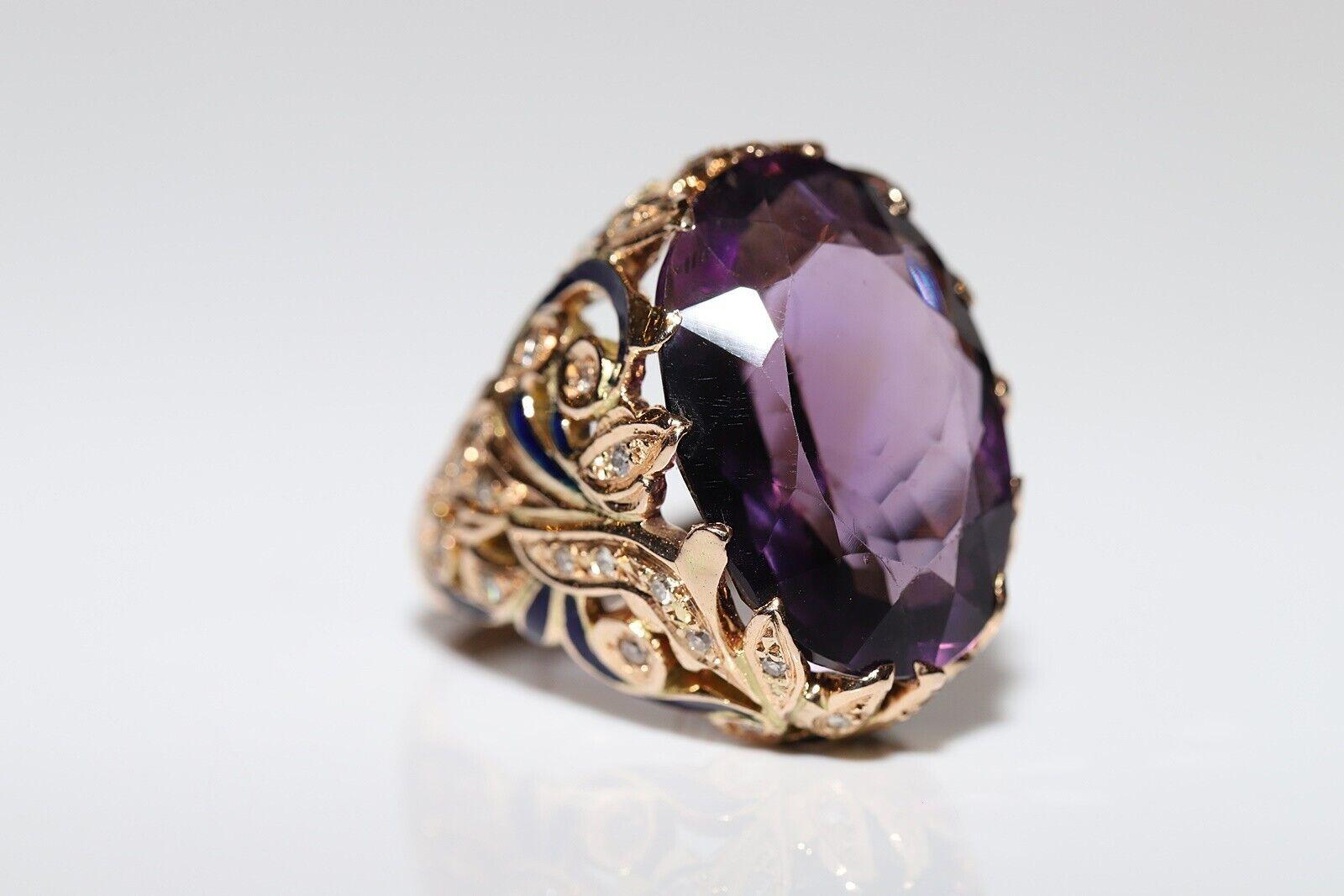 Retro Vintage Circa 1970s 14k Gold Natural Diamond And Amethyst Enamel Ring For Sale