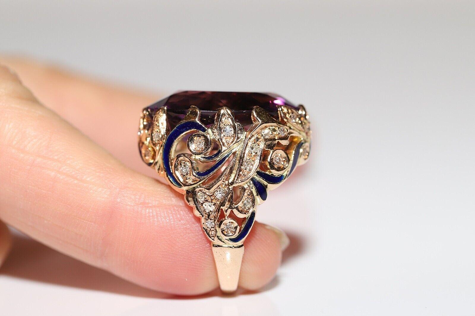 Brilliant Cut Vintage Circa 1970s 14k Gold Natural Diamond And Amethyst Enamel Ring For Sale