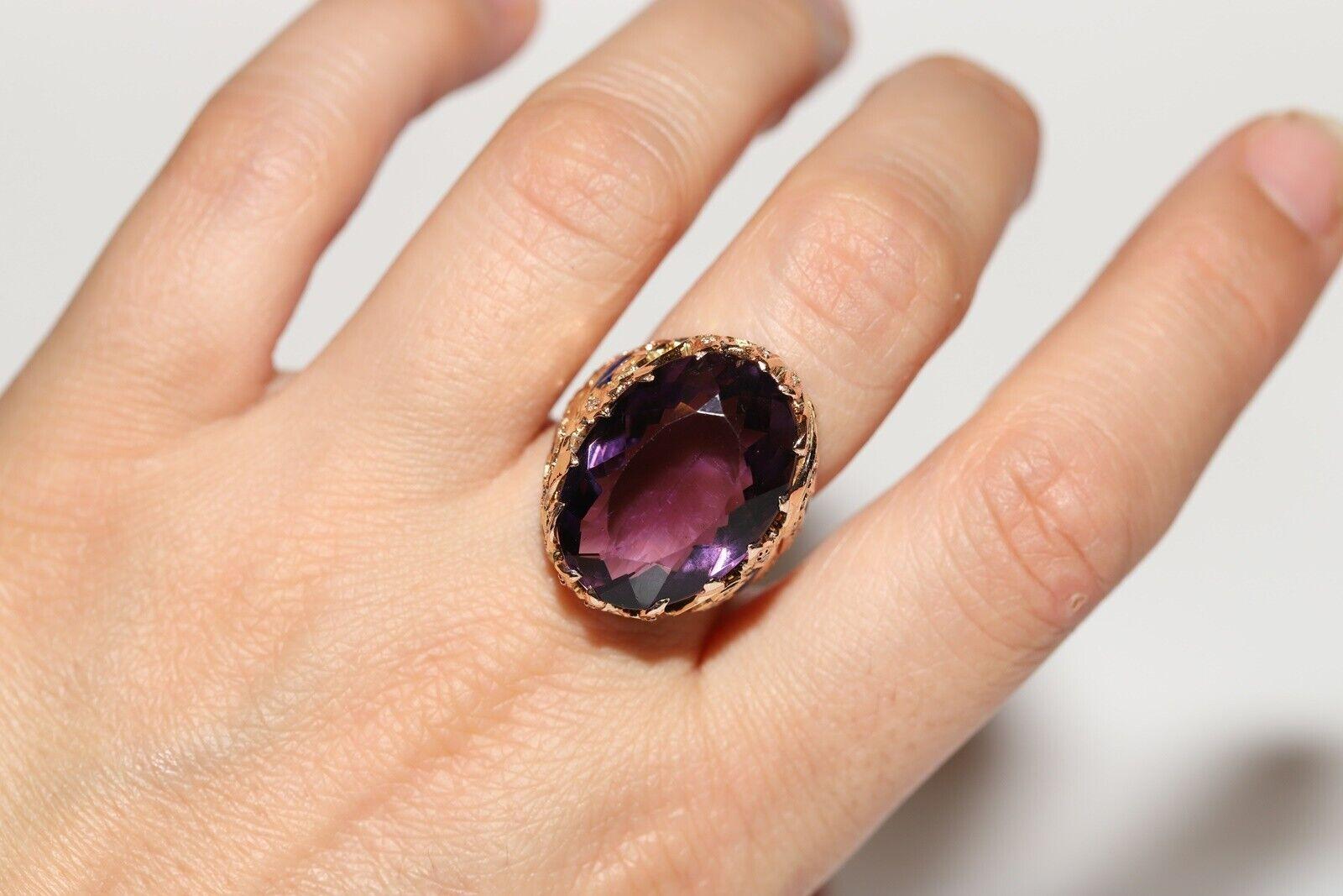 Vintage Circa 1970er Jahre 14k Gold Ring mit natürlichem Diamant und Amethyst-Emaille im Angebot 2