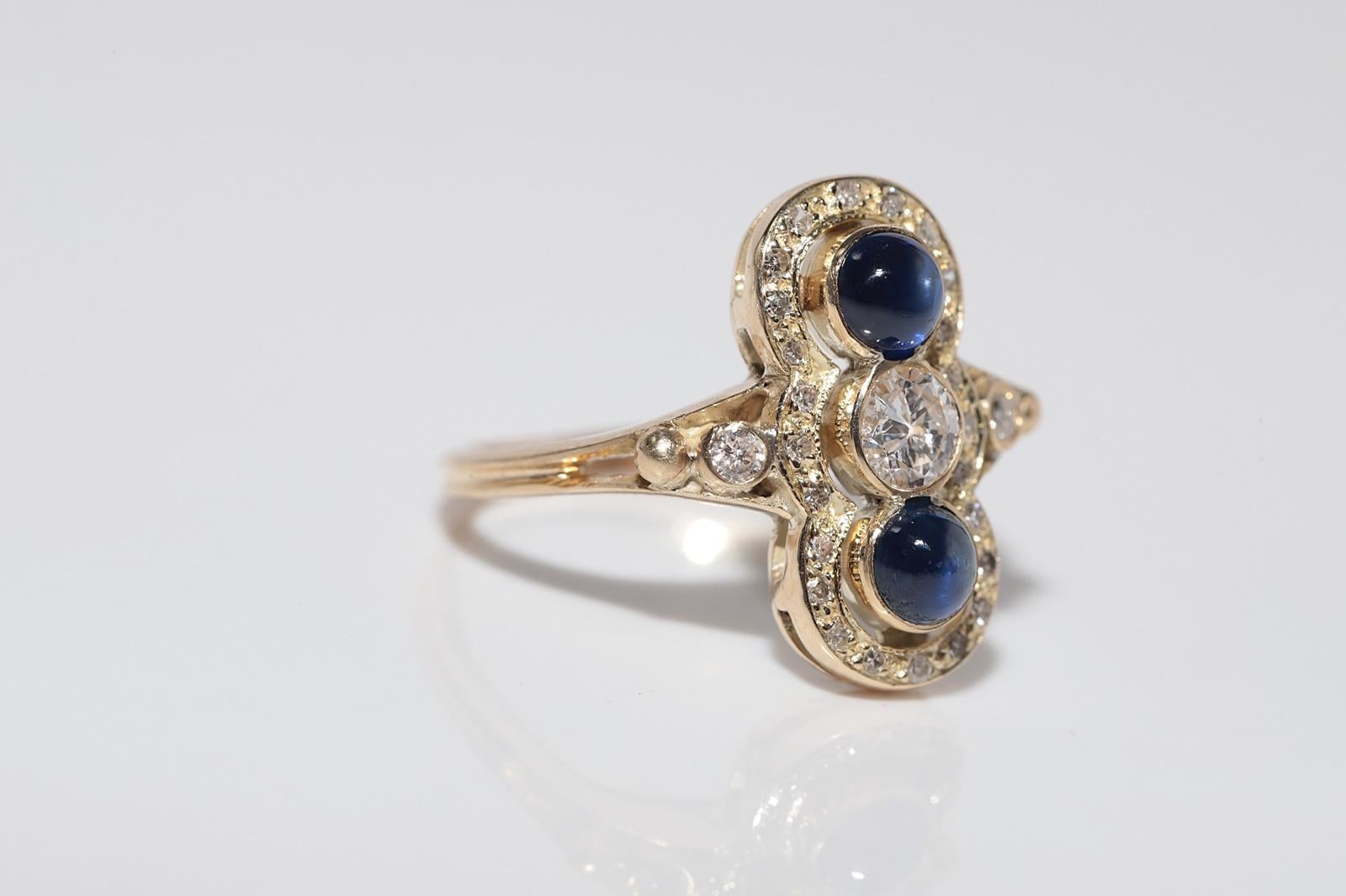 Anello in oro 14k con diamante naturale e zaffiro cabochon, vintage, circa anni '70 in vendita 4
