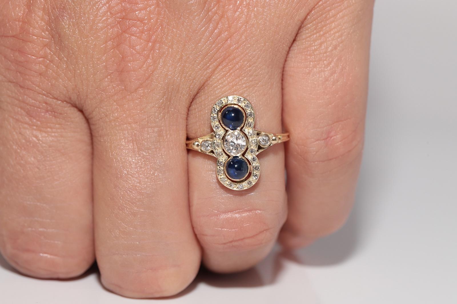 Taglio brillante Anello in oro 14k con diamante naturale e zaffiro cabochon, vintage, circa anni '70 in vendita