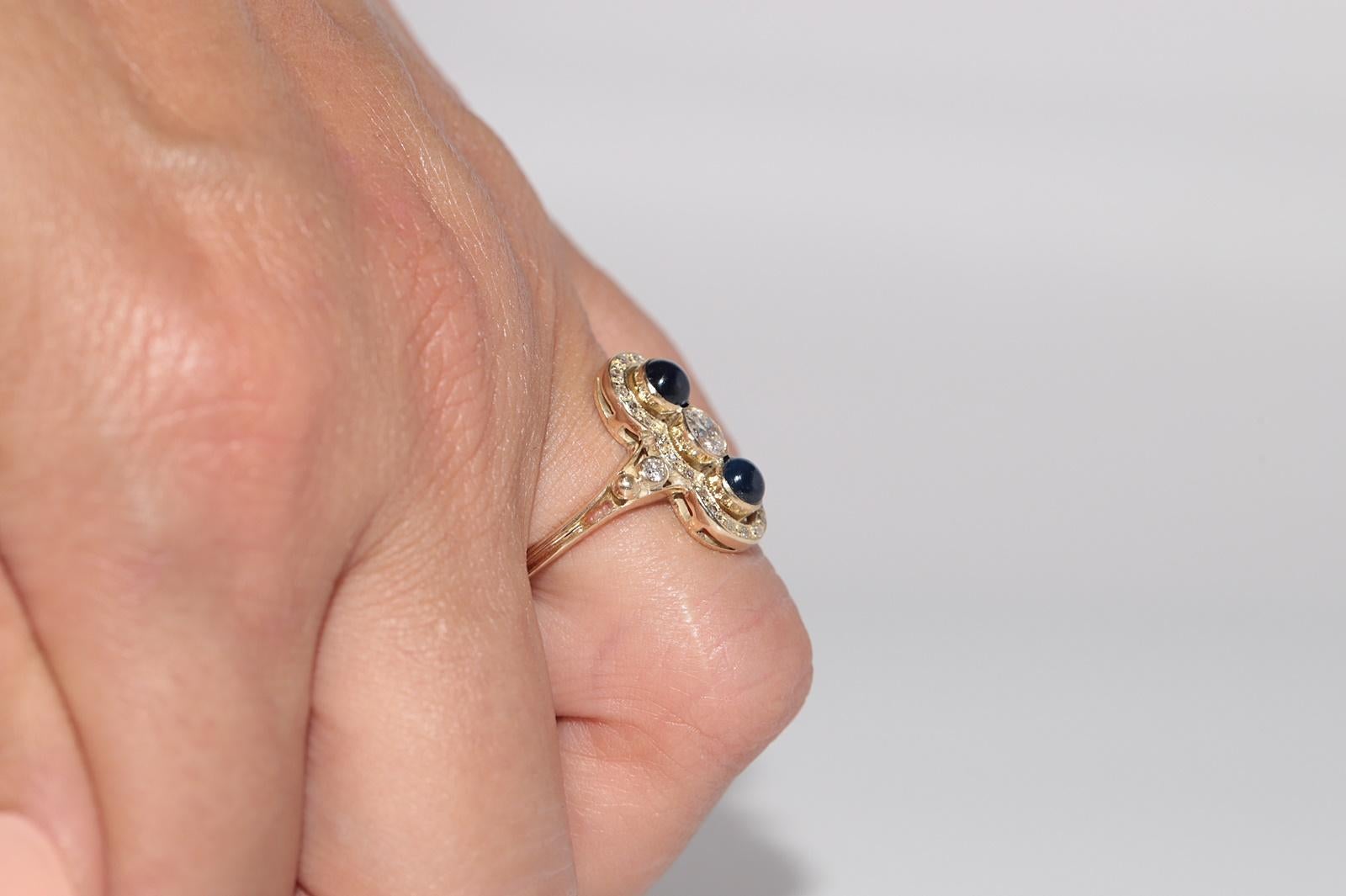 Anello in oro 14k con diamante naturale e zaffiro cabochon, vintage, circa anni '70 In condizioni buone in vendita a Fatih/İstanbul, 34