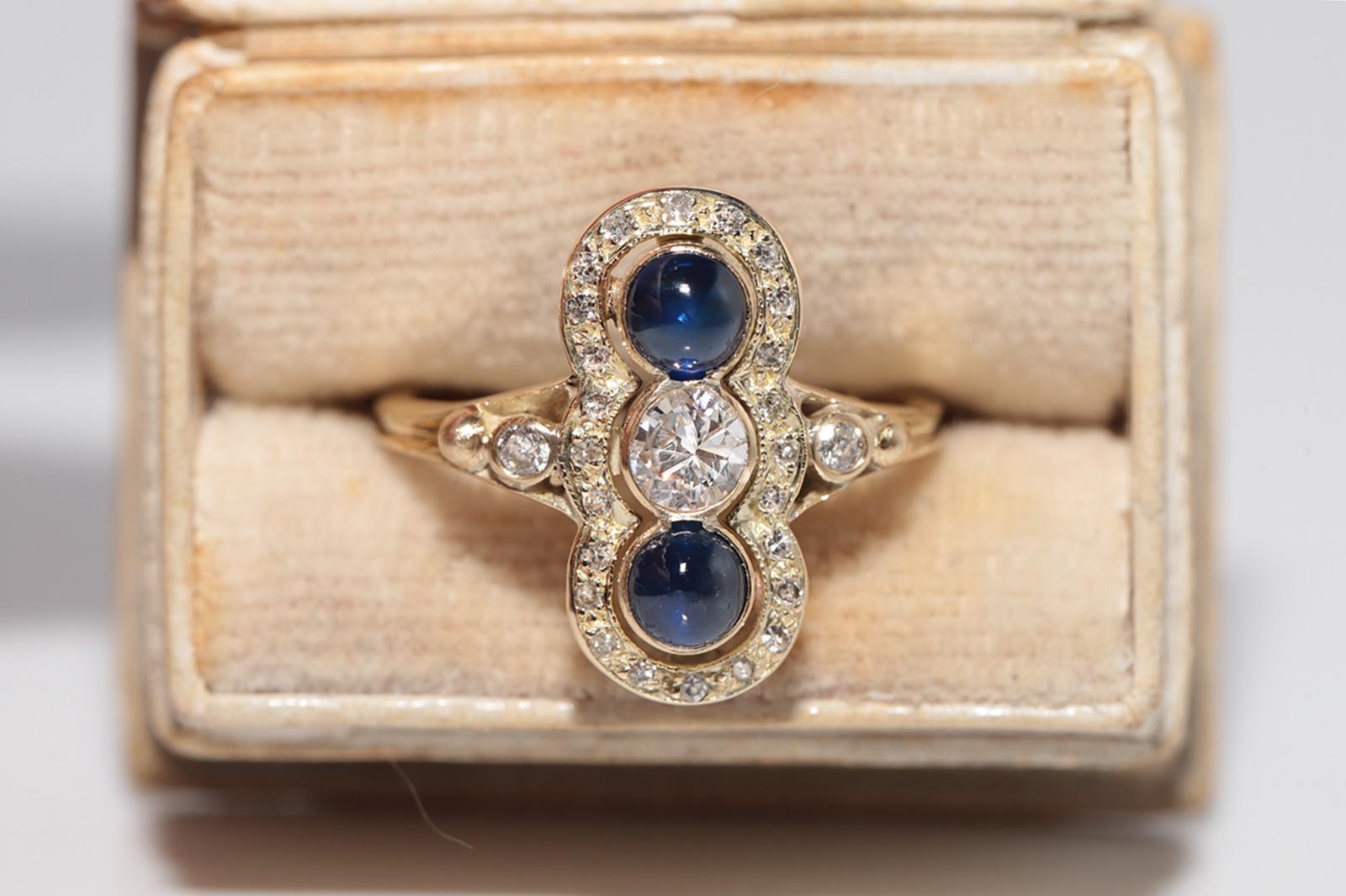 Donna Anello in oro 14k con diamante naturale e zaffiro cabochon, vintage, circa anni '70 in vendita