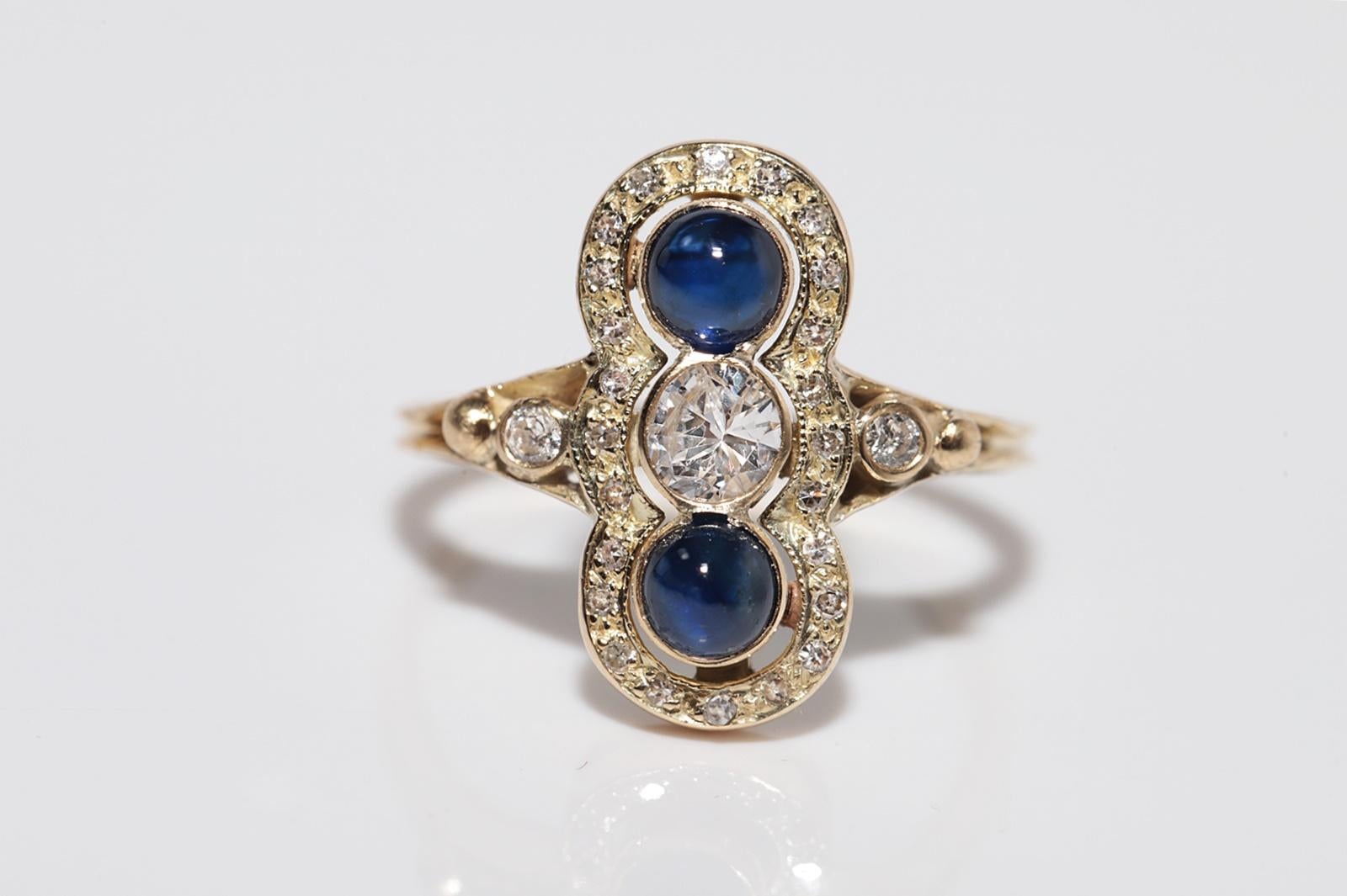 Anello in oro 14k con diamante naturale e zaffiro cabochon, vintage, circa anni '70 in vendita 2