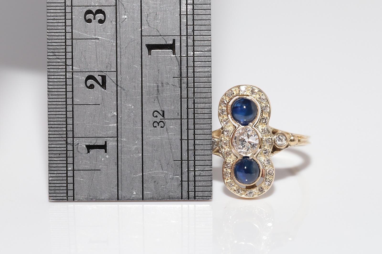 Anello in oro 14k con diamante naturale e zaffiro cabochon, vintage, circa anni '70 in vendita 3