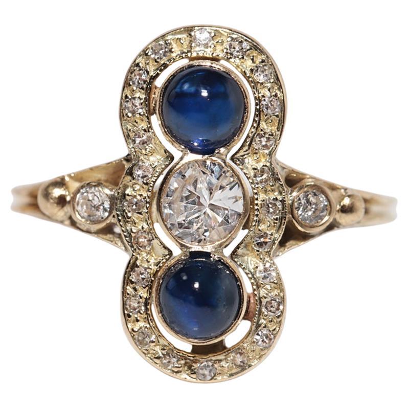 Vintage ByCA 1970 Bague en or 14k diamant naturel et saphir cabochon