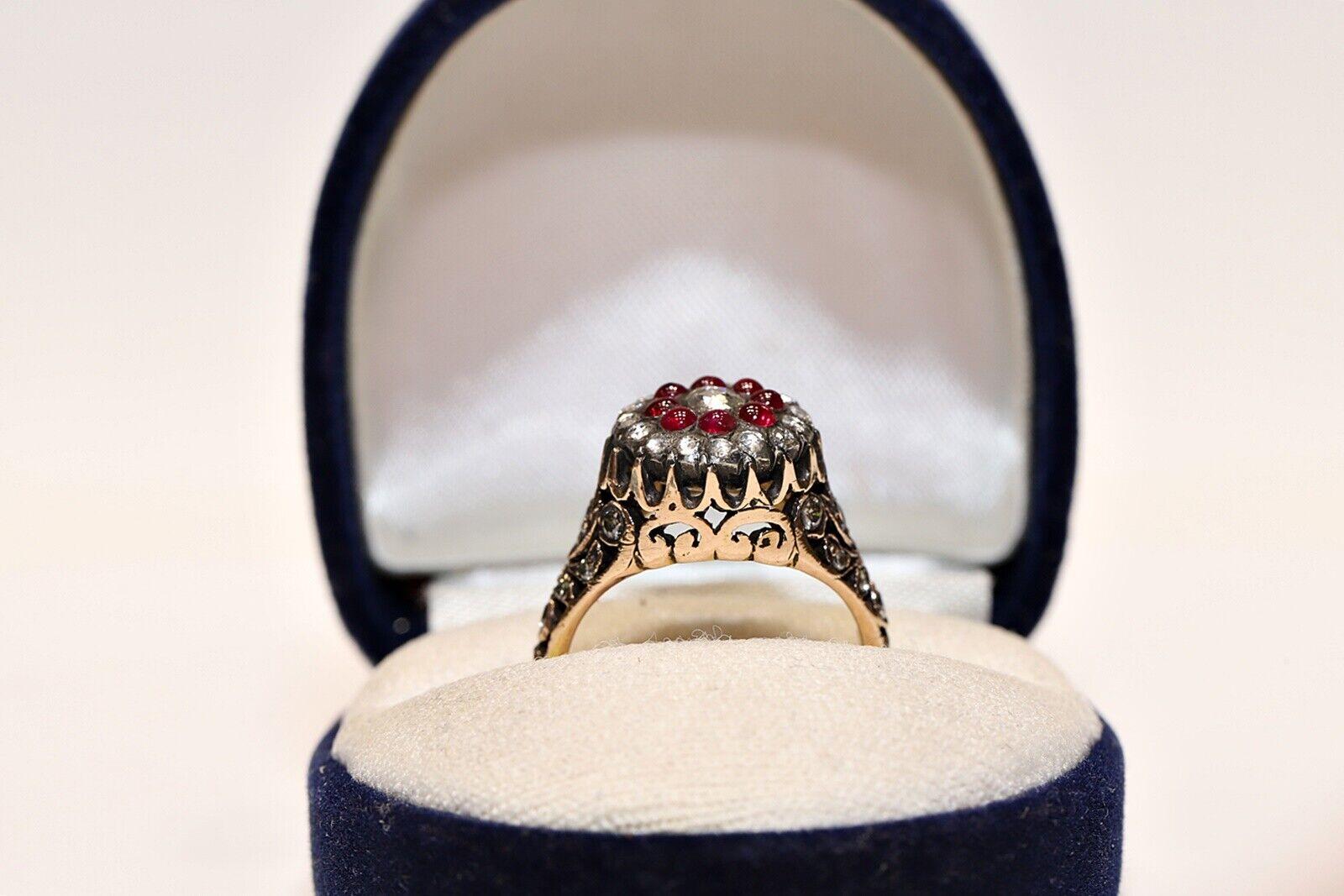 Vintage Circa 1970s 14k Gold Natural Rose Cut Diamond And Cabochon Cut Ruby Ring For Sale 6