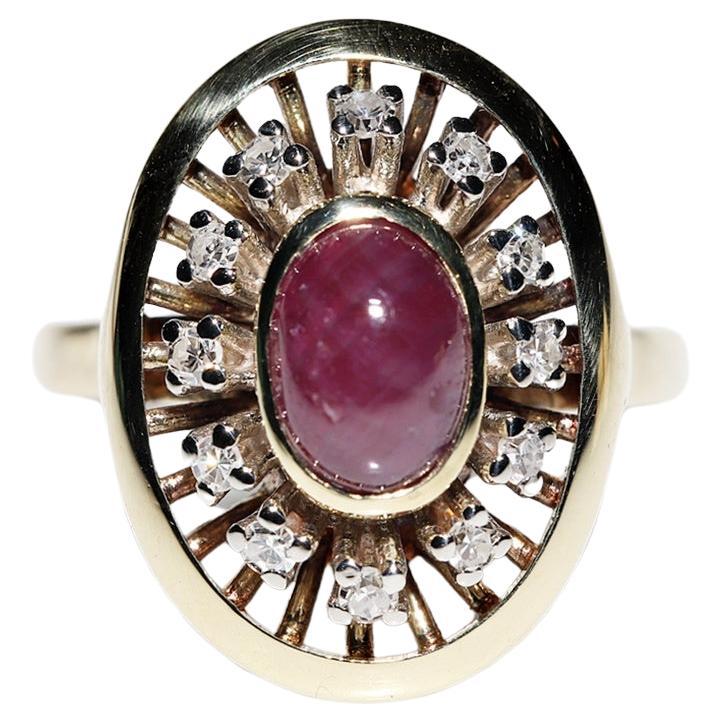 Vintage Circa 1970s 14k Gold Natural Diamond And Cabochon Ruby Decorated Ring  For Sale