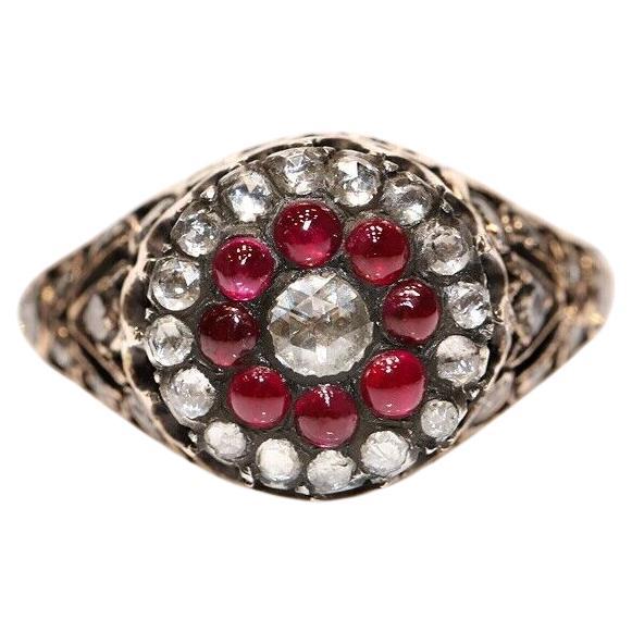 Vintage Circa 1970s 14k Gold Natural Diamond And Cabochon Ruby Decorated Ring  For Sale