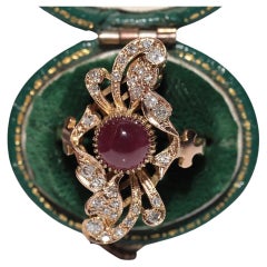 Vintage Circa 1970s 14k Gold Natural Diamond And Cabochon Ruby Flowers Ring
