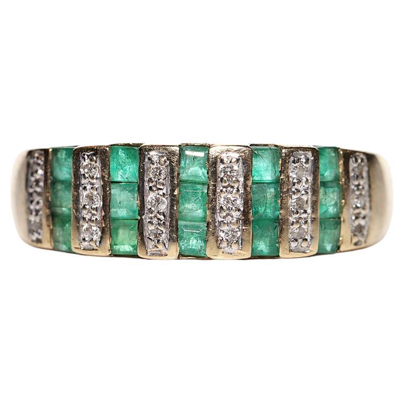 Vintage Circa 1970s 14k Gold Natural Diamond And Caliber Emerald Ring