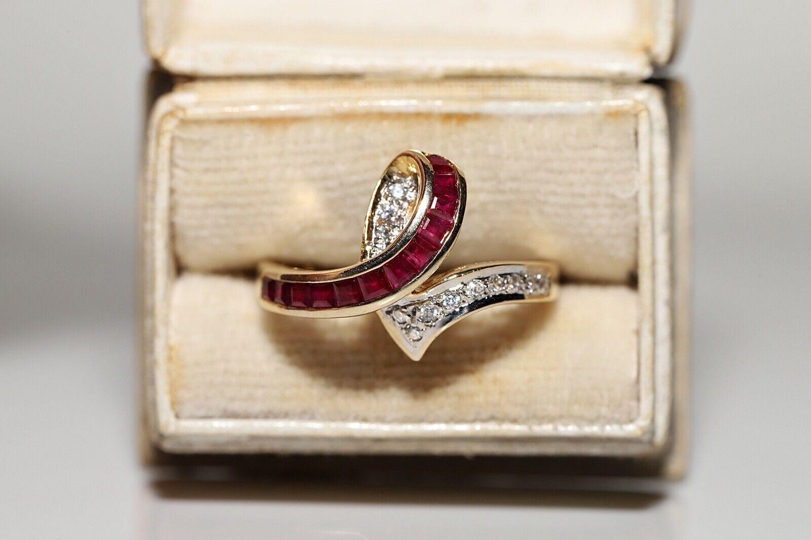 Vintage Circa 1970s 14k Gold Natural Diamond And Caliber Ruby Decorated Ring For Sale 5