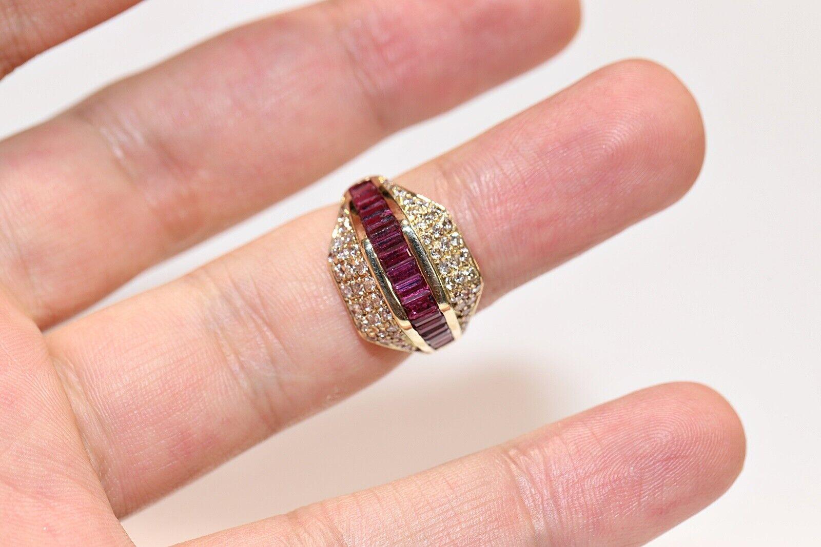 Vintage Circa 1970s 14k Gold Natural Diamond And Caliber Ruby Decorated Ring For Sale 3