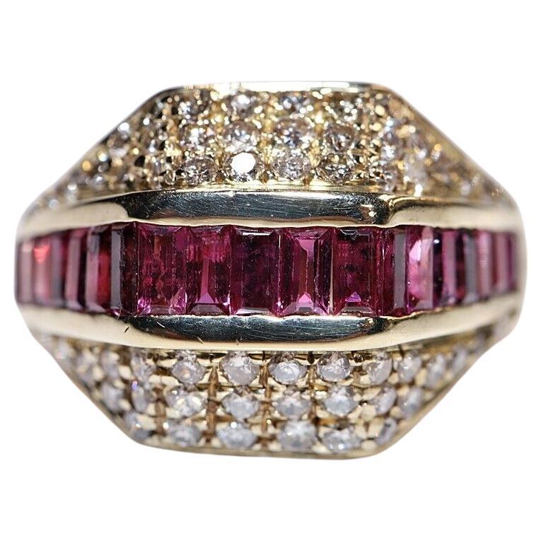 Vintage Circa 1970s 14k Gold Natural Diamond And Caliber Ruby Decorated Ring For Sale
