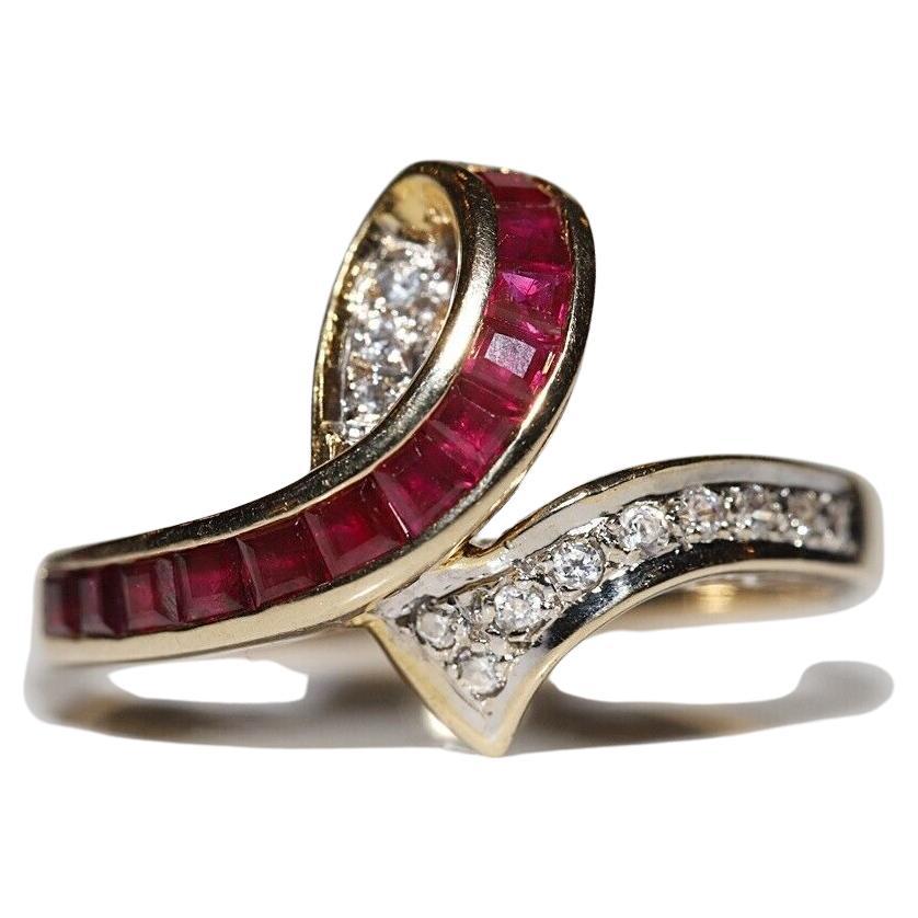 Vintage Circa 1970s 14k Gold Natural Diamond And Caliber Ruby Decorated Ring For Sale