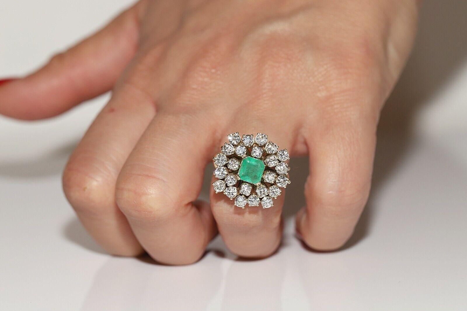 Vintage Circa 1970s 14k Gold Natural Diamond And Emerald Decorated Ring For Sale 3