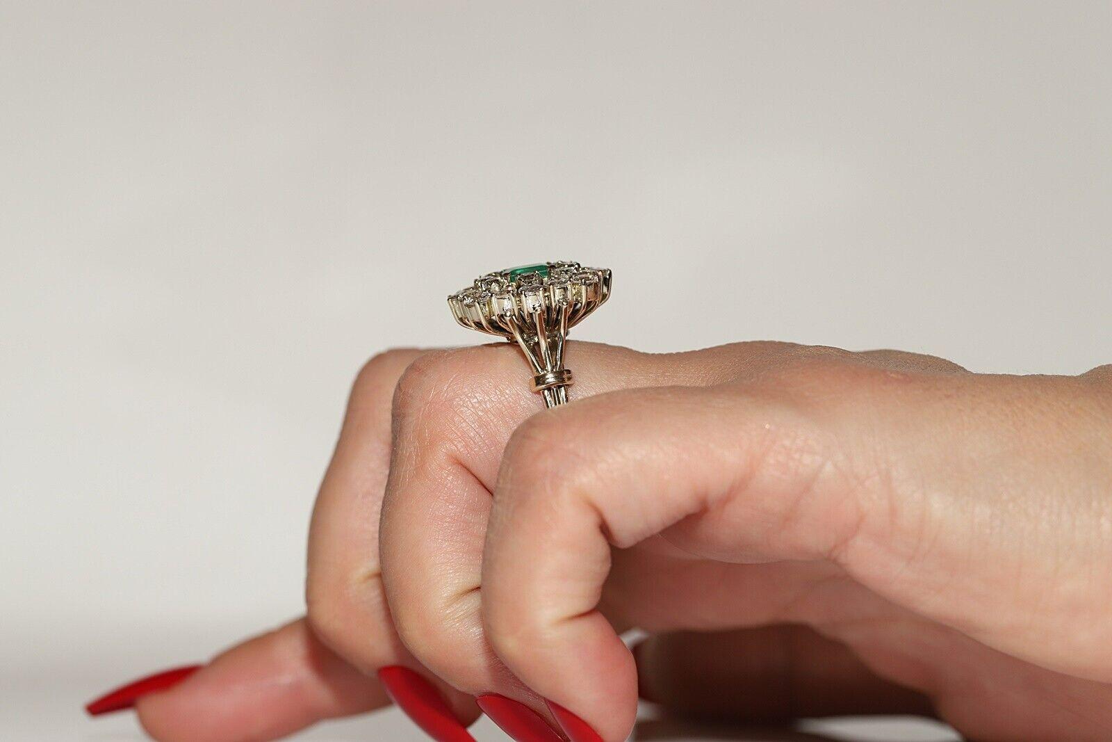 Vintage Circa 1970s 14k Gold Natural Diamond And Emerald Decorated Ring For Sale 4