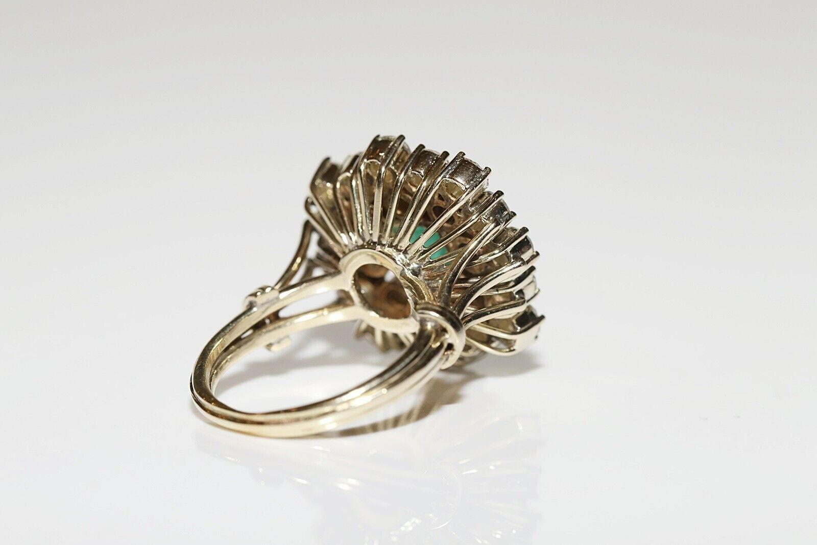 Vintage Circa 1970s 14k Gold Natural Diamond And Emerald Decorated Ring For Sale 5
