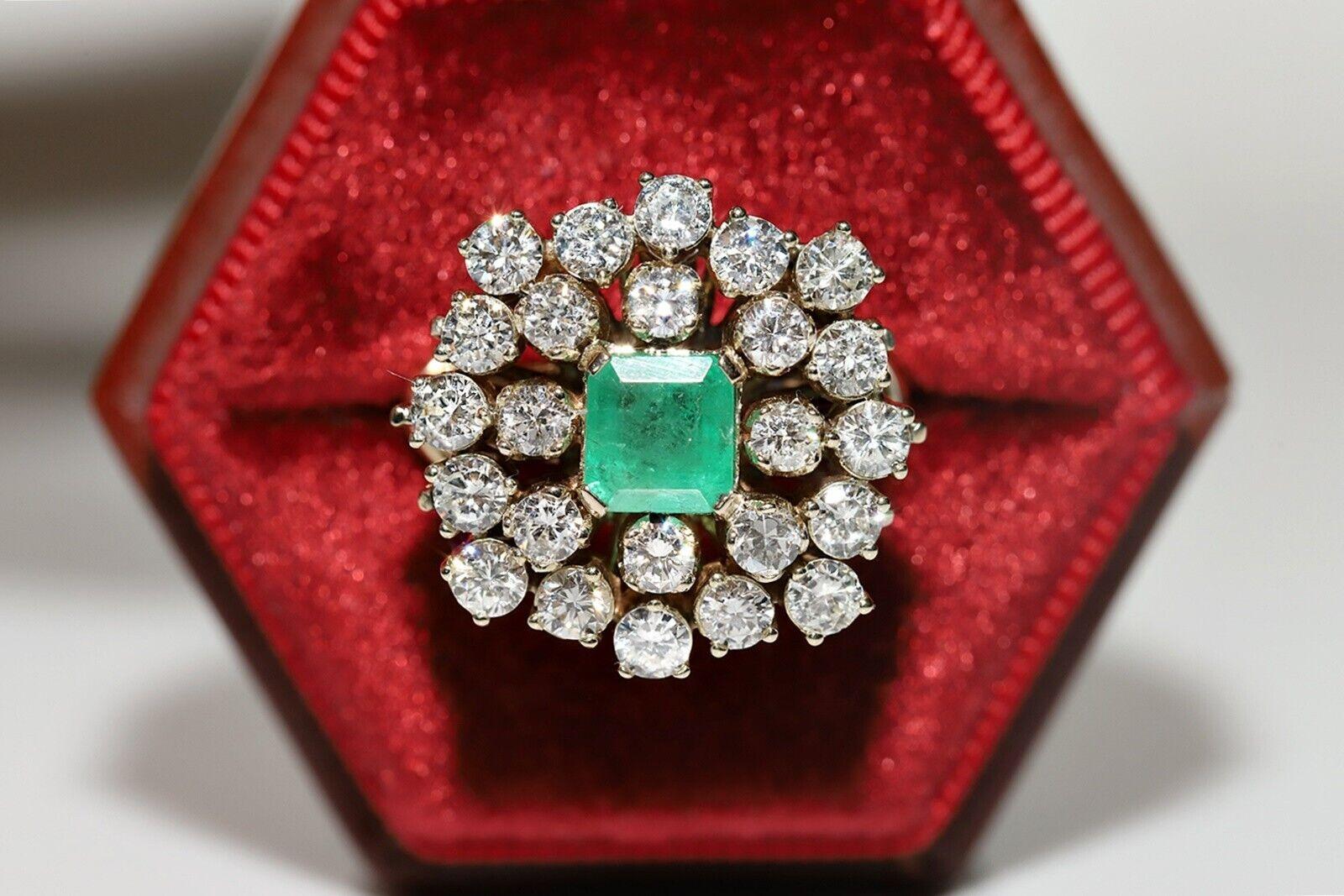 Vintage Circa 1970s 14k Gold Natural Diamond And Emerald Decorated Ring For Sale 6