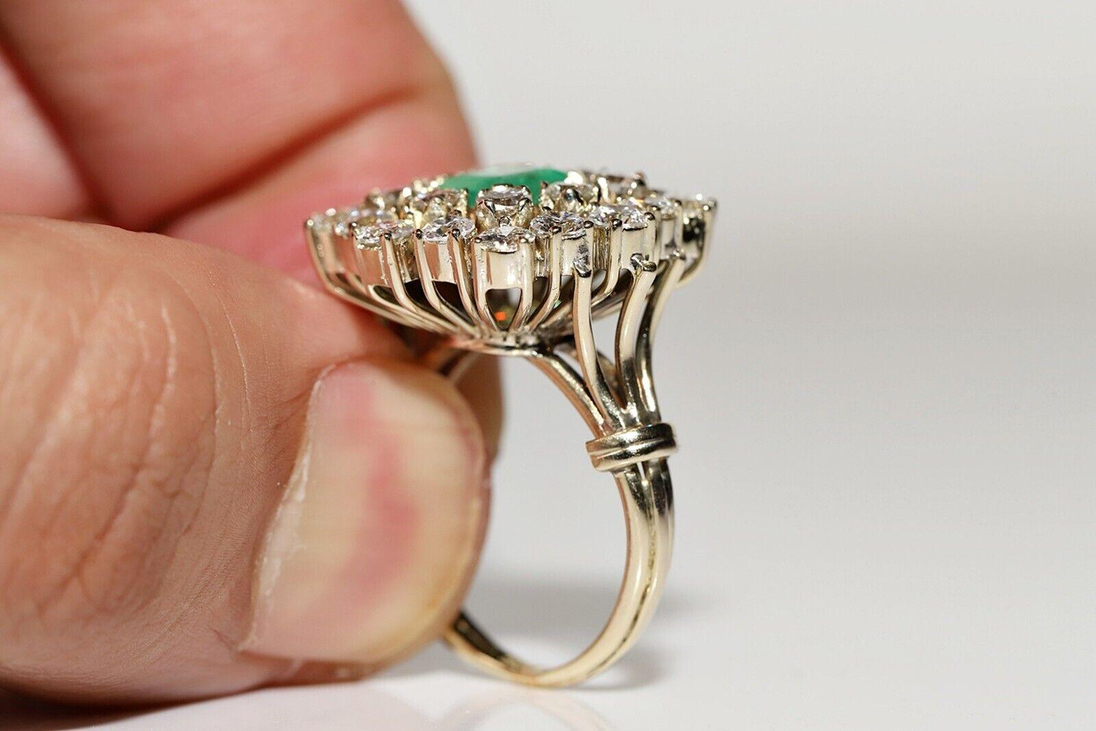 Brilliant Cut Vintage Circa 1970s 14k Gold Natural Diamond And Emerald Decorated Ring For Sale