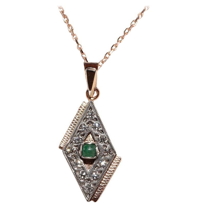 Collier pendentif vintage des années 1970 en or 14 carats avec diamants naturels et émeraudes