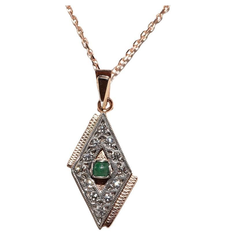Vintage Circa 1970s 14k Gold Natural Diamond And Emerald Pendant Necklace