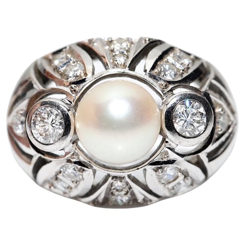 Vintage Circa 1970s 14k Gold Natural Diamond And Pearl Decorated Ring 