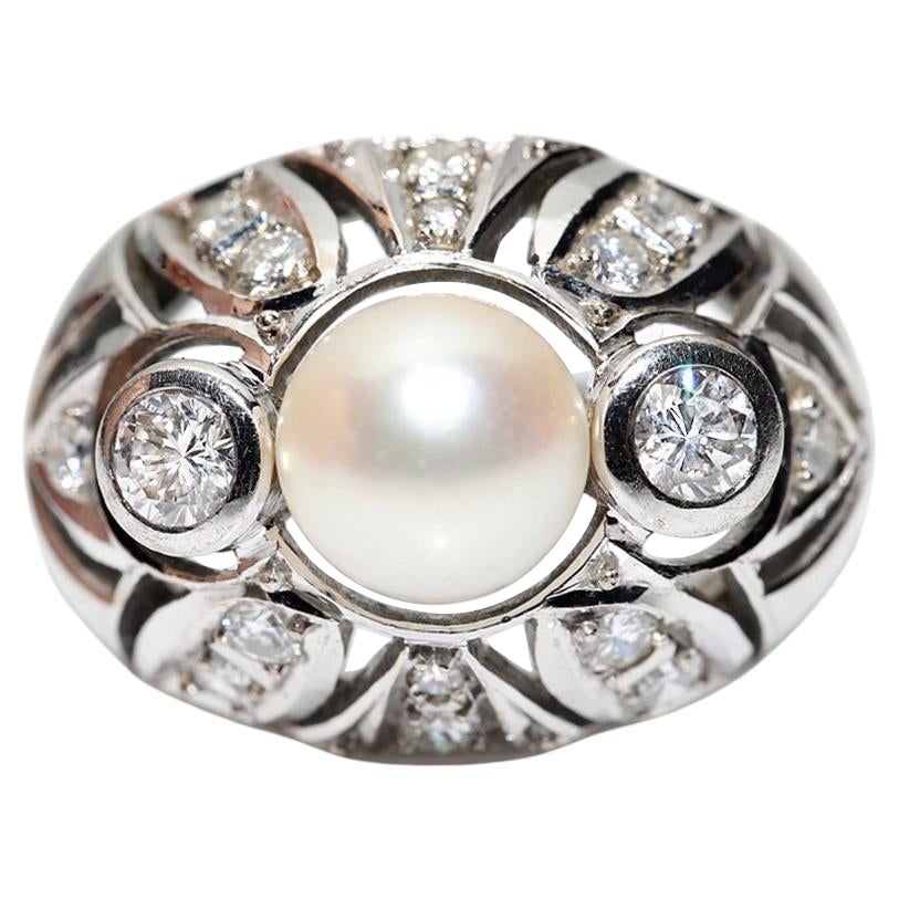 Anello decorato con diamanti naturali e perle in oro 14k, CIRCA ANNI 70