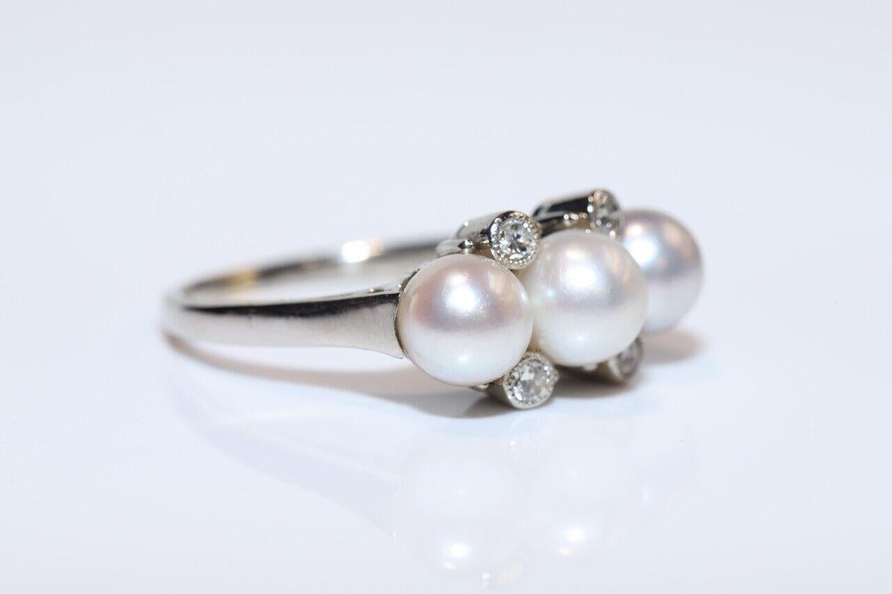Retro Vintage Circa 1970s 14k Gold Natural Diamond And Pearl Ring For Sale